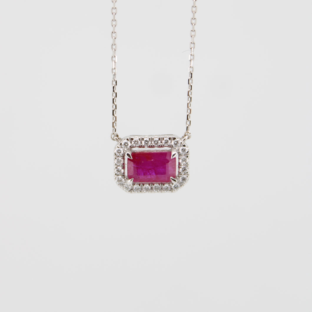 Gargantilla en oro blanco 14k con rubí y diamantes.