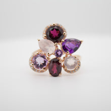 Cargar imagen en el visor de la galería, Anillo fabricado en oro rosa de 14k, con granate, amatista, cuarzo y diamantes