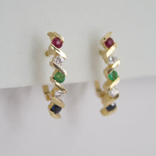 Cargar imagen en el visor de la galería, Aretes en oro amarillo 14k con rubí,diamantes,esmeralda y zafiros.