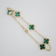 Cargar imagen en el visor de la galería, Pulsera trébol oro amarillo 14k con malaquita.