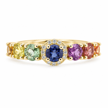 Cargar imagen en el visor de la galería, Anillo fabricado en oro amarillo de 14k, con zafiros de colores y diamantes.