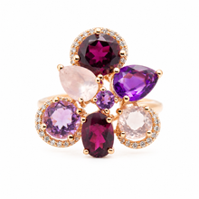 Cargar imagen en el visor de la galería, Anillo fabricado en oro rosa de 14k, con granate, amatista, cuarzo y diamantes