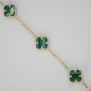 Pulsera trébol oro amarillo 14k con malaquita.