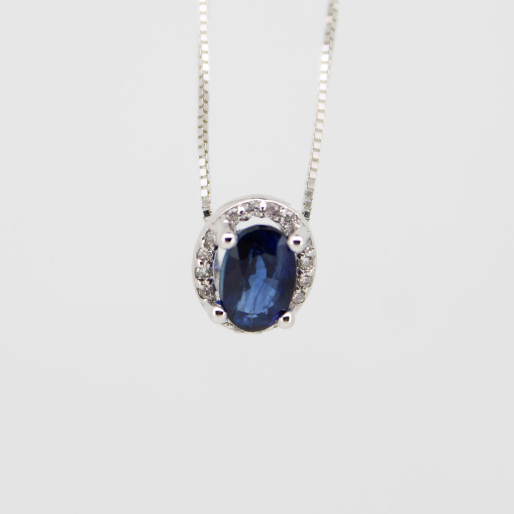 Gargantilla oro blanco 14k con zafiro y diamantes.