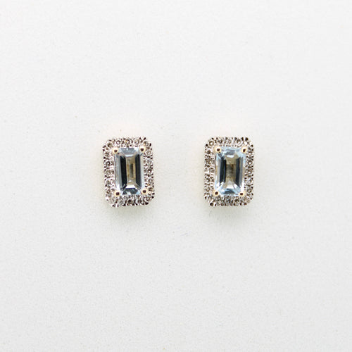 Aretes en oro amarillo 14k con aguamarina y diamantes.