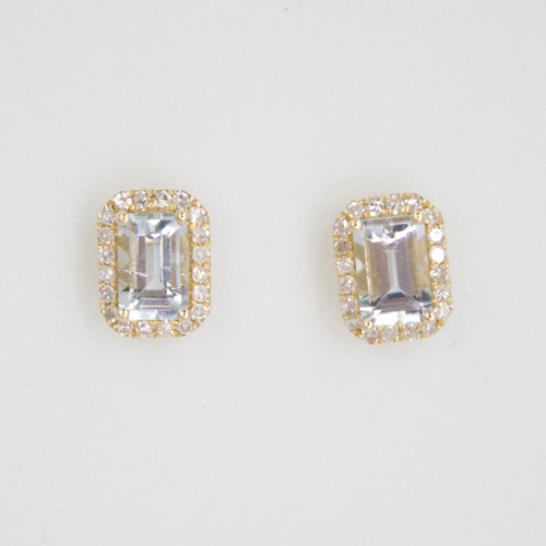 Aretes en oro amarillo 14k con aguamarina y diamantes.