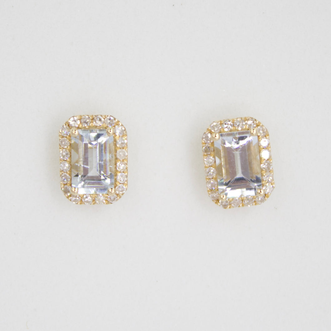 Aretes en oro amarillo 14k con aguamarina y diamantes.