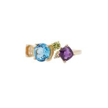 Cargar imagen en el visor de la galería, Anillo fabricado en oro amarillo de 14k, con topacoo, amatista , citrino y diamantes