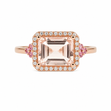 Cargar imagen en el visor de la galería, Anillo fabricado en oro rosa de 14k, con morganita, zafiros rosas y diamantes naturales.
