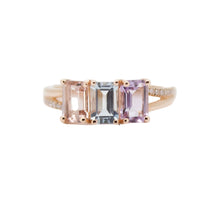Cargar imagen en el visor de la galería, Anillo fabricado en oro rosa de 14k, con morganita, aguamarina y amatista