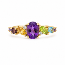 Cargar imagen en el visor de la galería, Anilll fabricado en oro rosa de 14k, con amatista, peridoto, citrino, topacio y diamantes.
