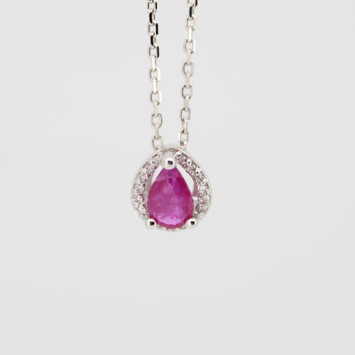 Gargantilla oro blanco 14k con rubí y diamantes.