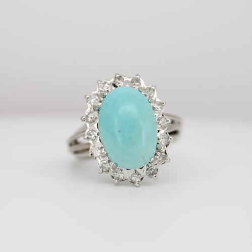 Anillo paladio con diamantes y turquesa.