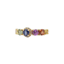 Cargar imagen en el visor de la galería, Anillo fabricado en oro amarillo de 14k, con zafiros de colores y diamantes.
