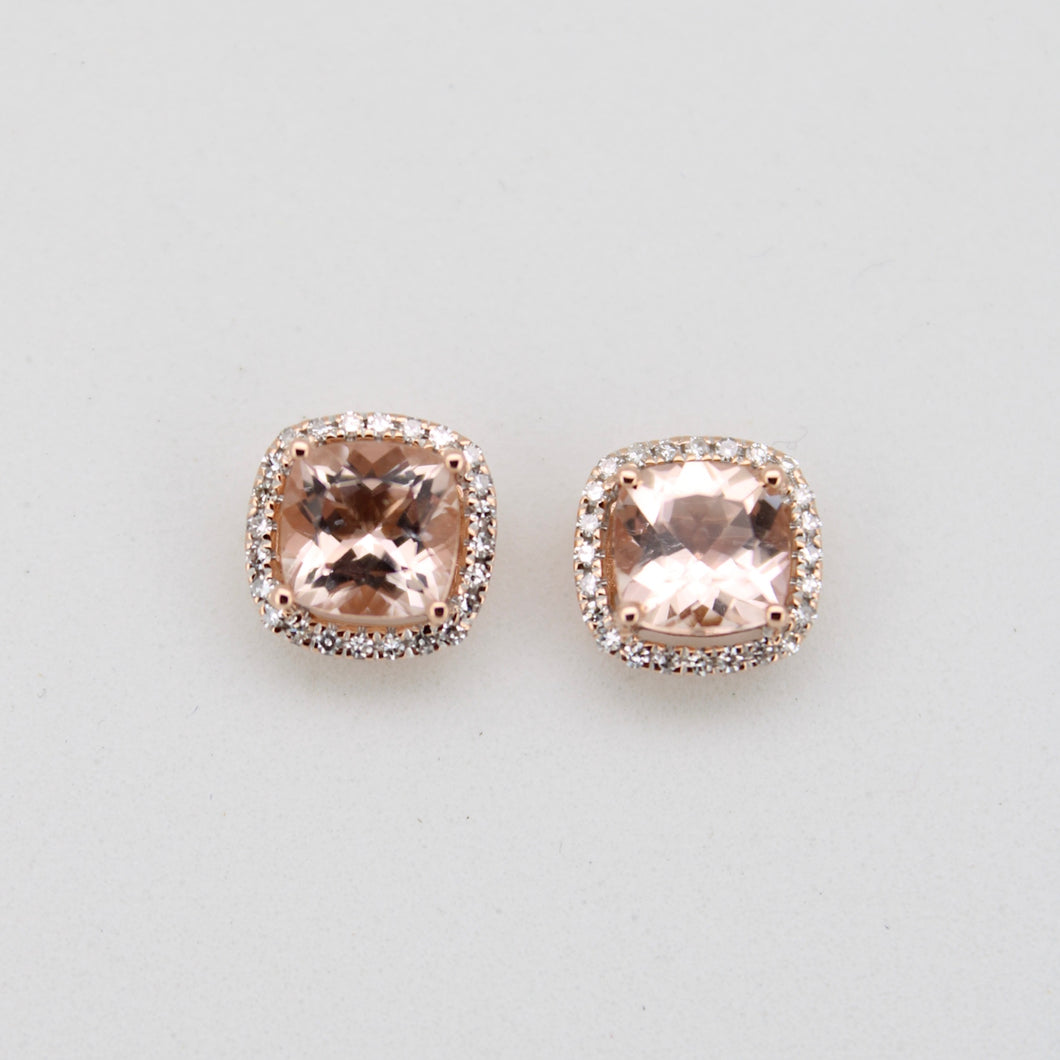 Aretes en oro rosa 14k con morganita y diamantes.