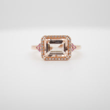 Cargar imagen en el visor de la galería, Anillo fabricado en oro rosa de 14k, con morganita, zafiros rosas y diamantes naturales.
