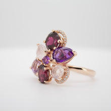 Cargar imagen en el visor de la galería, Anillo fabricado en oro rosa de 14k, con granate, amatista, cuarzo y diamantes