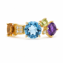 Cargar imagen en el visor de la galería, Anillo fabricado en oro amarillo de 14k, con topacoo, amatista , citrino y diamantes