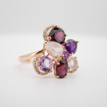 Cargar imagen en el visor de la galería, Anillo fabricado en oro rosa de 14k, con granate, amatista, cuarzo y diamantes