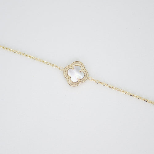 Pulsera trébol oro amarillo 14k con perla y zirconias.