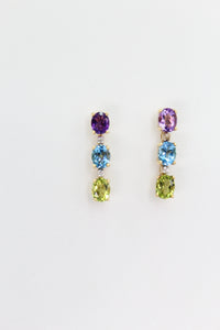 Aretes en oro amarillo 14k con amatista,topacio,granate y diamantes.