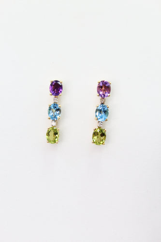 Aretes en oro amarillo 14k con amatista,topacio,granate y diamantes.