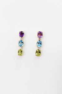 Aretes en oro amarillo 14k con amatista,topacio,granate y diamantes.