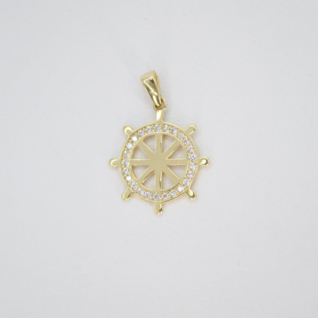 Dije timón en oro amarillo 14k con zirconias.