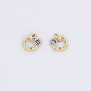 Broquel manzana con zirconia en oro amarillo 14k.